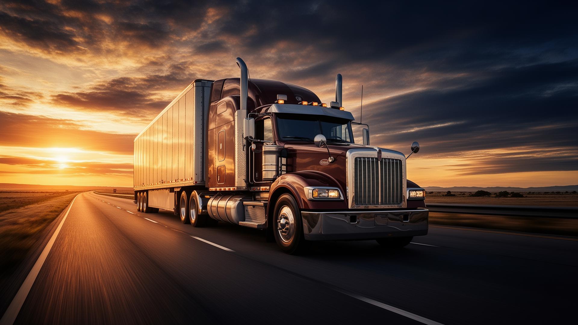 Semi-truck on highway at sunset